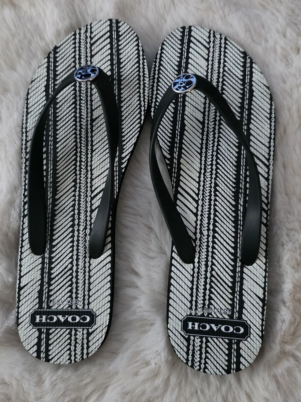 COACH Black and White Patterned Flip Flop Sandals